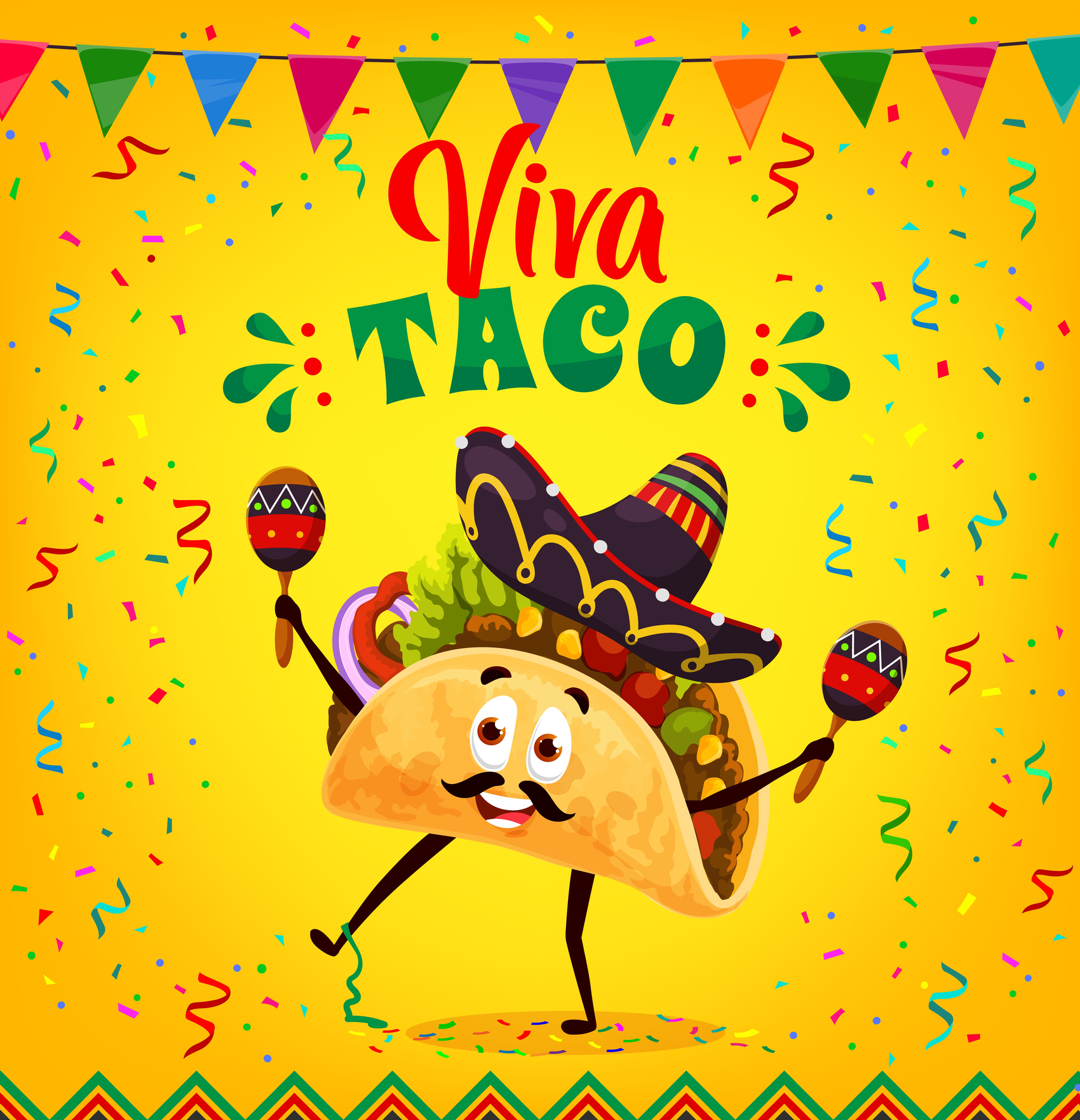 Cartoon mexican tacos character in sombrero hat