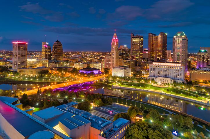 Columbus Ohio Skyline Aerial At Dusk With River And Bridge