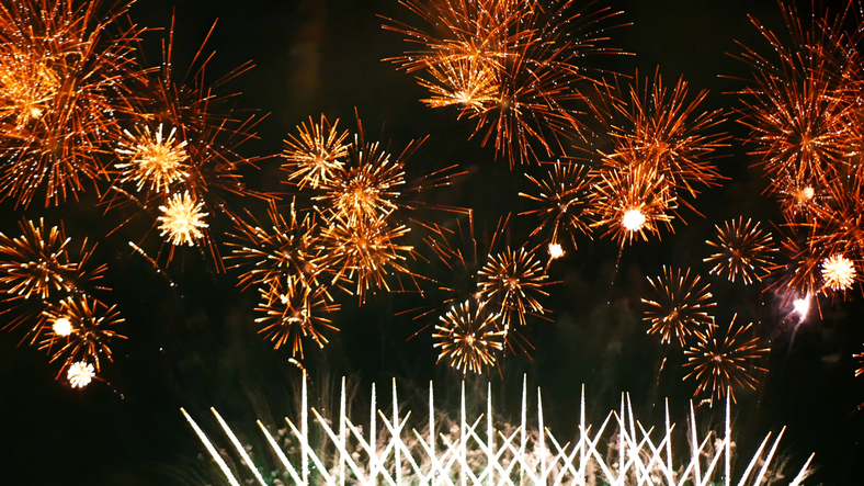 Golden Firework celebrate anniversary independence day night time celebrate national holiday. Countdown to new year 2024 party time event. Happy new year 2025, 4th of july holiday festival concept