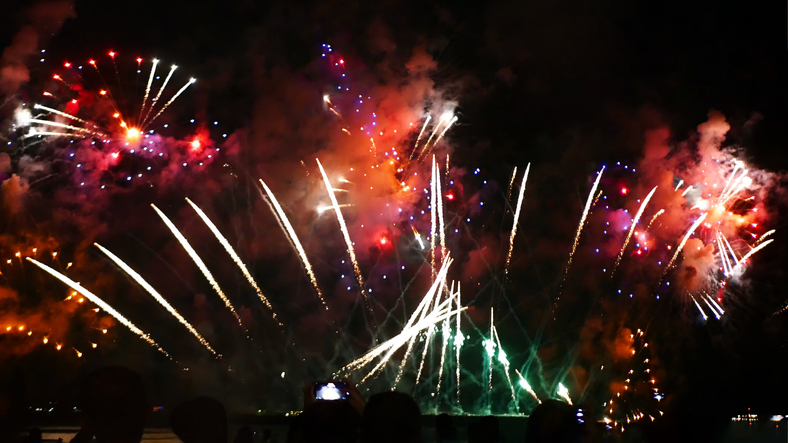 Red Firework celebrate anniversary happy new year 2024, 4th of july holiday festival. red firework in night time celebrate national holiday. Countdown to new year 2025 festival party time event