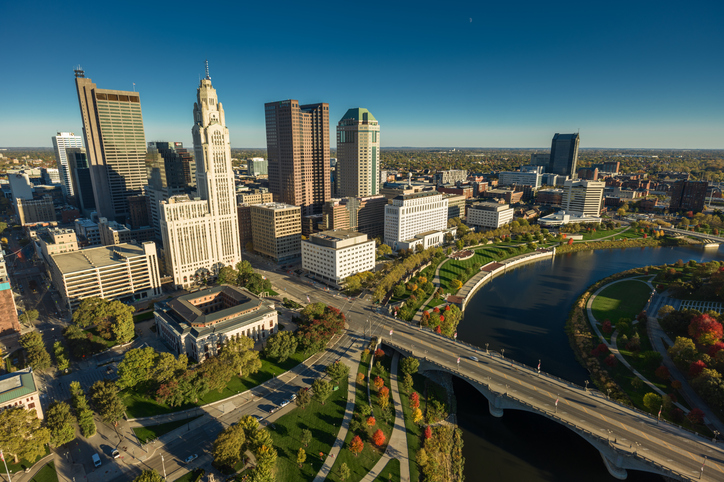 Drone Shot of Downtown Columbus on Clear, Fall Day