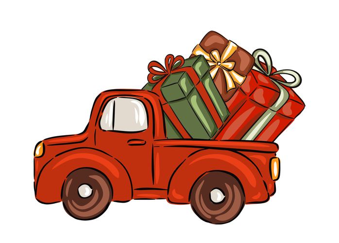 Hand drawn red vintage truck filled with Christmas gifts is ready for holiday deliveries in a festive setting