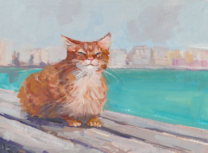 Cat sea gouache painting.
