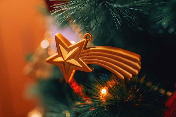 Christmas Tree Decorations with Glittering Ornaments and Festive String Beads