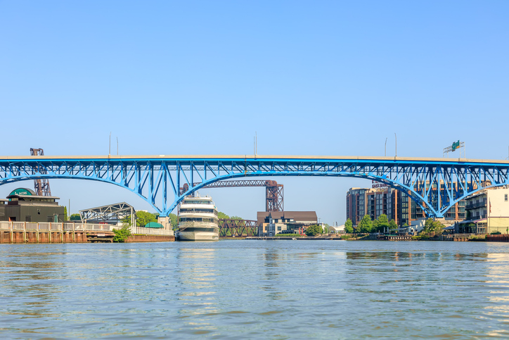 A view of Cleveland Cleveland Memorial Shoreway Bridge over the Cuyahoga River - Cleveland, Ohio, USA.