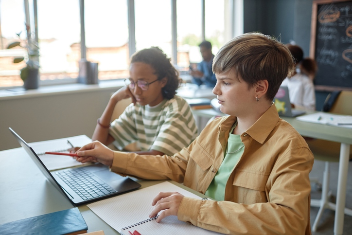 Teen Boy Pointing at Laptop Screen Studying with Friend in Class