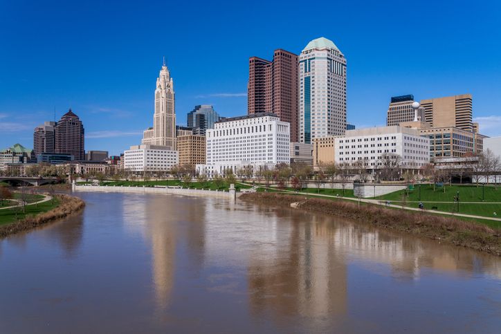 Columbus Ohio waterfront skyline after flood on river scioto