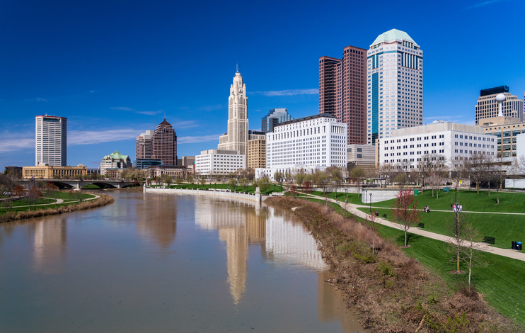 Columbus Ohio waterfront skyline after flood on river scioto