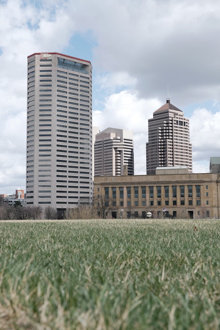 downtown columbus skyline with grass in foreground