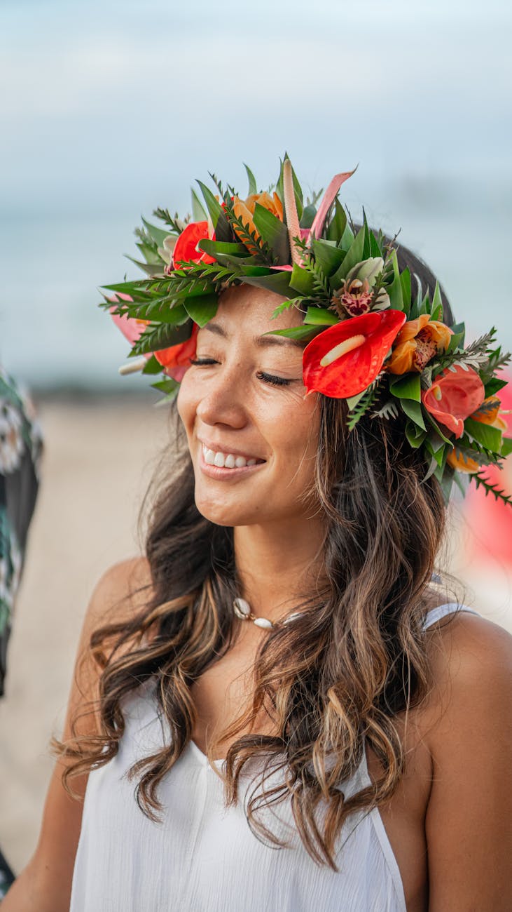 portrait of a woman wearing floral wreath