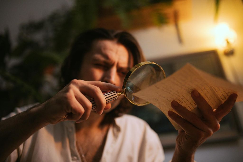 a man looking at a paper through a magnifying glass