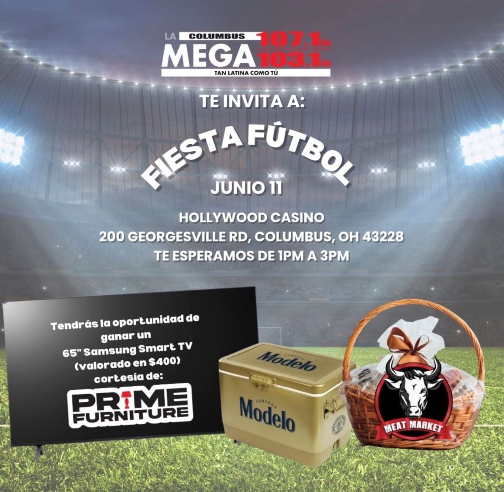 A sports stadium with bright lights, advertising for La Mega 107.3 and 103.1 radio stations, and an invitation to a "Fiesta Futbol" event at Hollywood Casino on June 11.