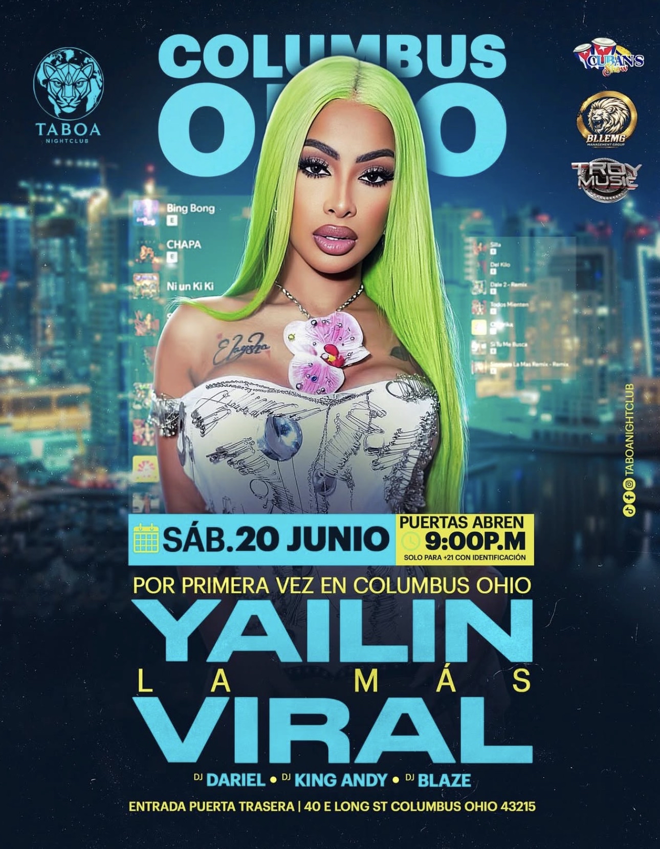 A woman with neon green hair wearing a floral top stands in front of a nightclub backdrop advertising an event called "Yailin La Mas Viral" in Columbus, Ohio.