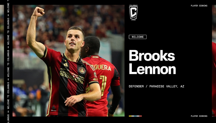 A soccer player in a red jersey celebrating with a raised fist after scoring a goal, with "Brooks Lennon" and "Paradise Valley, AZ" displayed below.