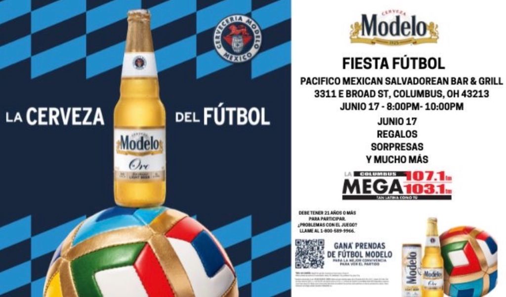 Modelo beer bottle and soccer ball on a checkered background with text promoting a "Fiesta Fútbol" event at Pacifico Mexican Salvadorean Bar & Grill.