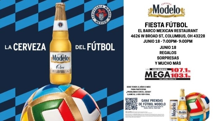 Bottle of Modelo beer on a checkered background with a soccer ball, promoting a "Fiesta Futbol" event at El Barco Mexican Restaurant.