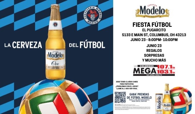 A bottle of Modelo beer and a soccer ball on a checkered background, with text advertising a "Fiesta Futbol" event on June 23.