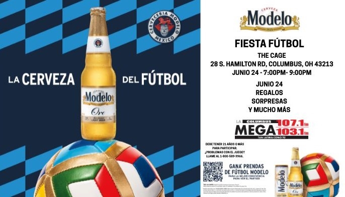 A bottle of Modelo beer and a soccer ball against a blue and black checkered background, with text promoting a "Fiesta Futbol" event.