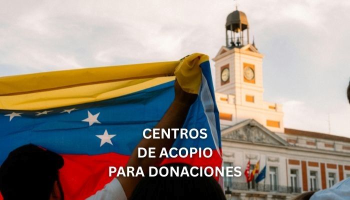 Venezuelan flag with text "CENTROS DE APOYO PARA DONACIONES" in front of a clock tower building.