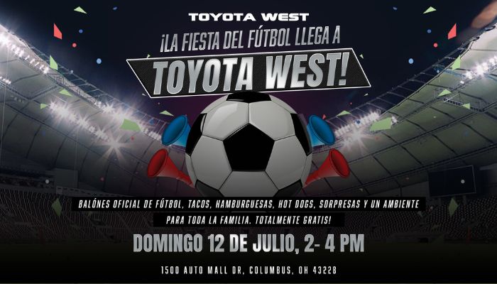 Soccer ball and stadium lights in a soccer stadium with text "Toyota West! La fiesta del futbol llega a Toyota West!" and event details.