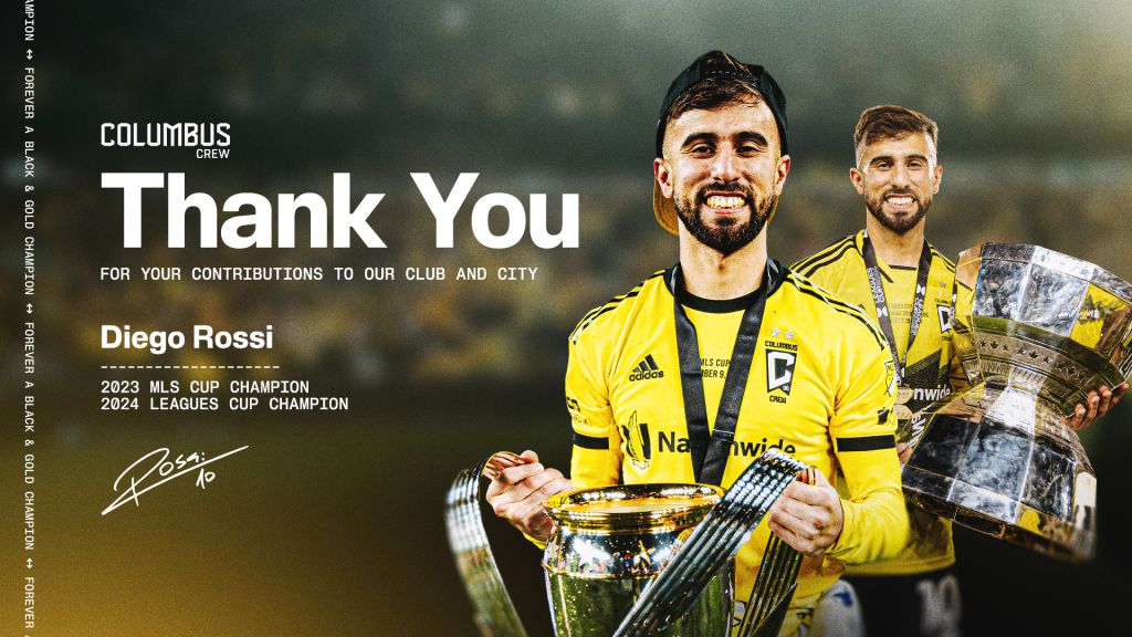 Two soccer players in yellow uniforms holding championship trophies, with text "Thank You Diego Rossi 2023 MLS Cup Champion 2024 Leagues Cup Champion".