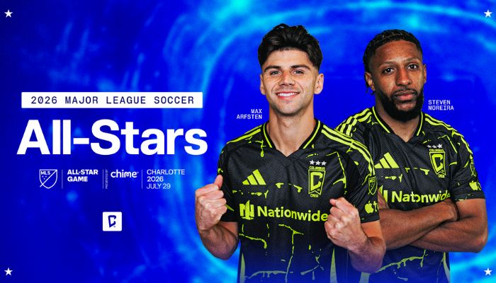 Two soccer players wearing Nationwide-branded jerseys posing for the 2026 Major League Soccer All-Stars game in Charlotte.