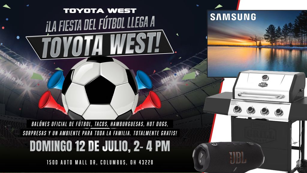 Toyota West soccer event with football, grills, and Samsung TV
