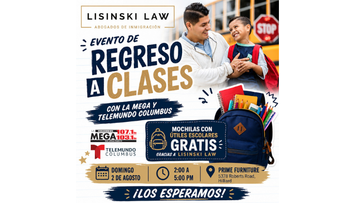 Promotional image for a "Back to School" event featuring a Telemundo Columbus logo and details about free school supplies, furniture, and a Telemundo giveaway.