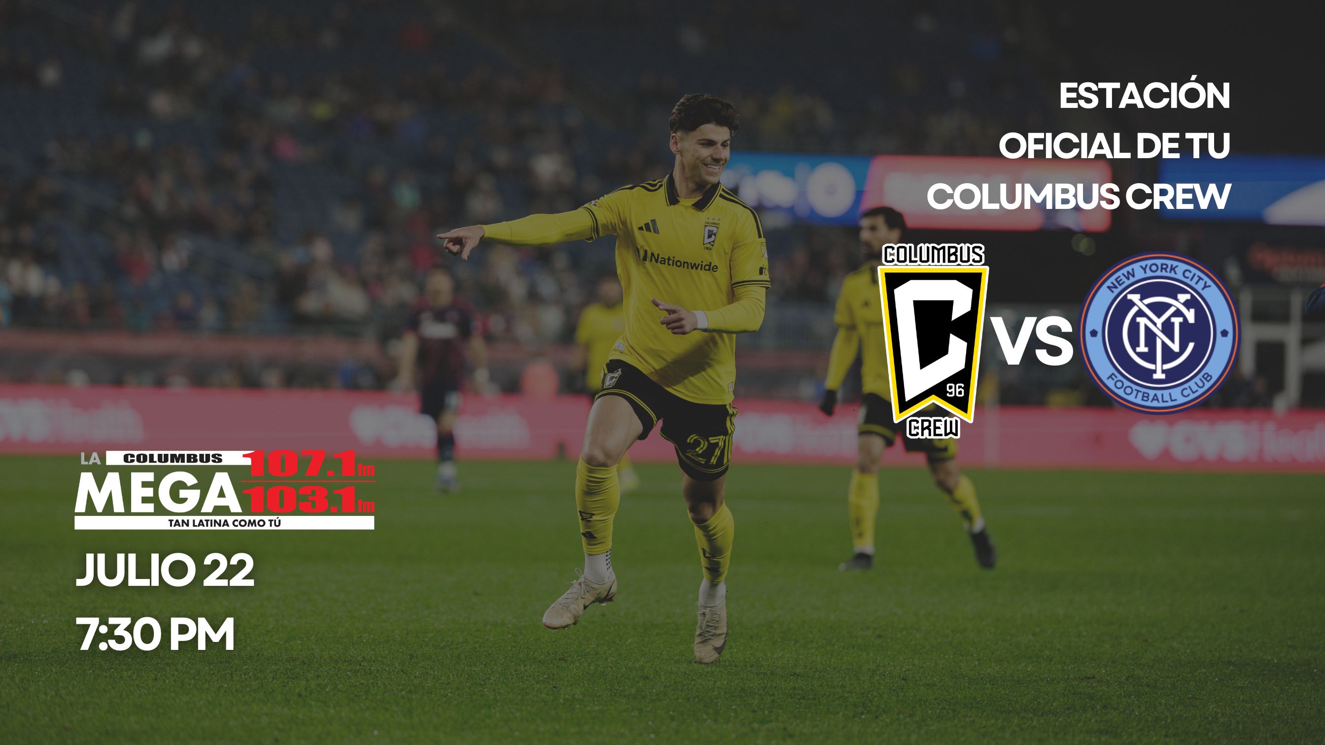 A soccer player in a yellow jersey running on a field, with a scoreboard showing a match between Columbus Crew and New York City FC.