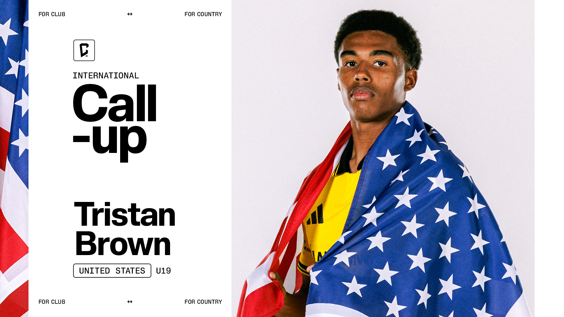 A young man wearing a yellow shirt and wrapped in an American flag stands in front of a "Call-up" graphic.