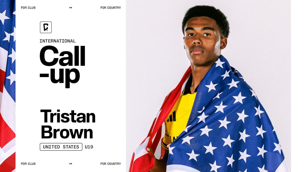 A young man wearing a yellow shirt and wrapped in an American flag stands in front of a "Call-up" graphic.