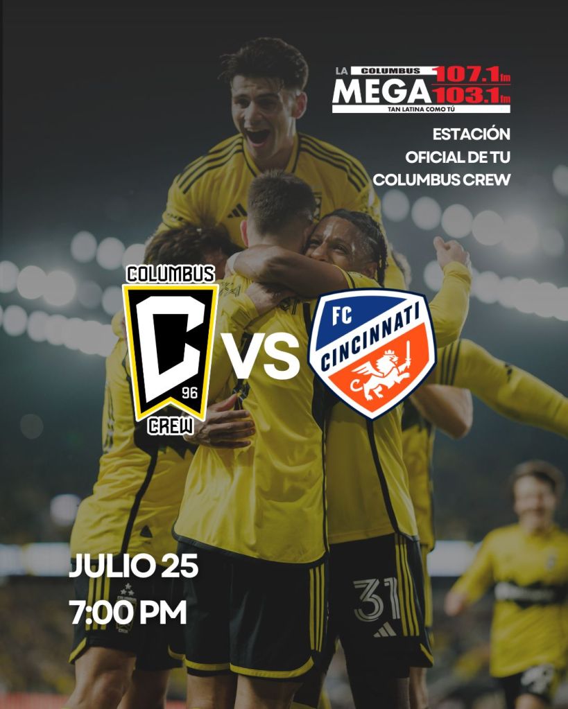 A group of soccer players in yellow jerseys celebrating a goal, with the logos for Columbus Crew and FC Cincinnati visible.