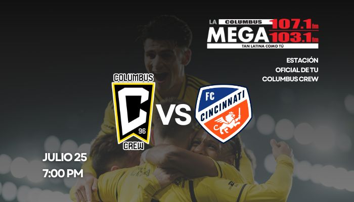 A soccer player in a yellow jersey stands in front of a soccer field, with the logos for "Columbus Crew" and "FC Cincinnati" displayed.