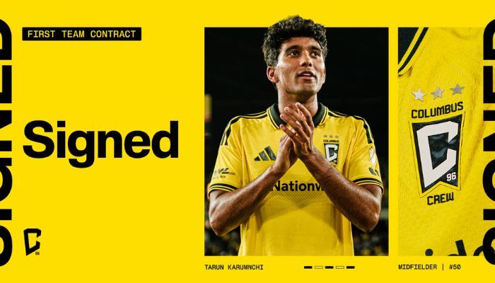 A soccer player in a yellow jersey with the text "Signed" and "Tarun Karnunchi" standing on a yellow background with the Columbus Crew logo.