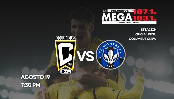A soccer player in a yellow jersey stands with arms raised in a stadium, with the logos for "Columbus Crew" and "CF Montréal" displayed.