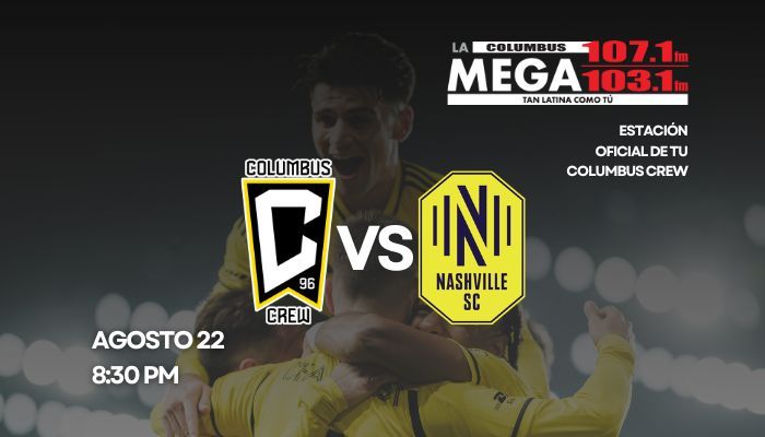 A soccer player in a yellow jersey stands with arms raised, facing a player in a black jersey. The image shows the "Columbus Crew" vs "Nashville SC" match on August 22 at 8:30 PM.