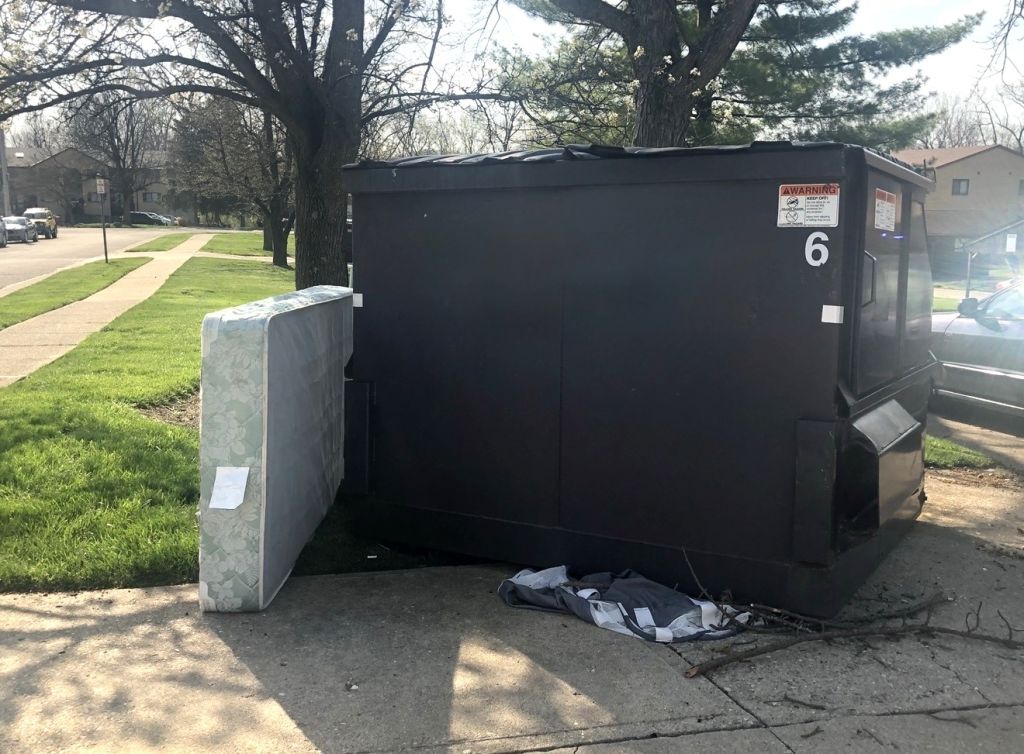 A black dumpster or trash container with the number "6" on its side, sitting on a grassy area near trees.